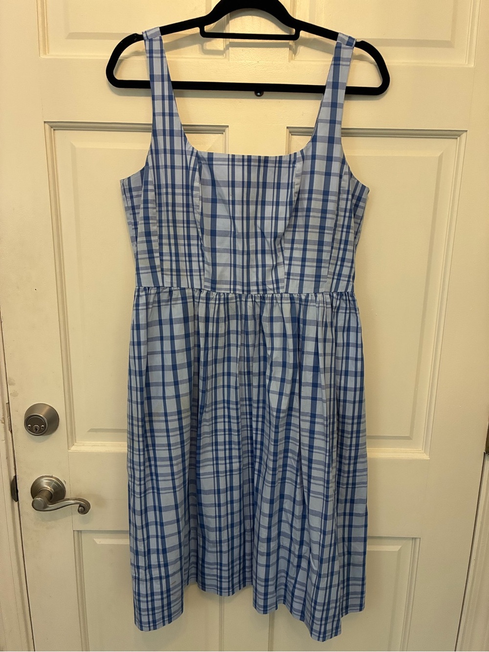Light Blue Plaid Sleeveless Square-Neck Casual Dress